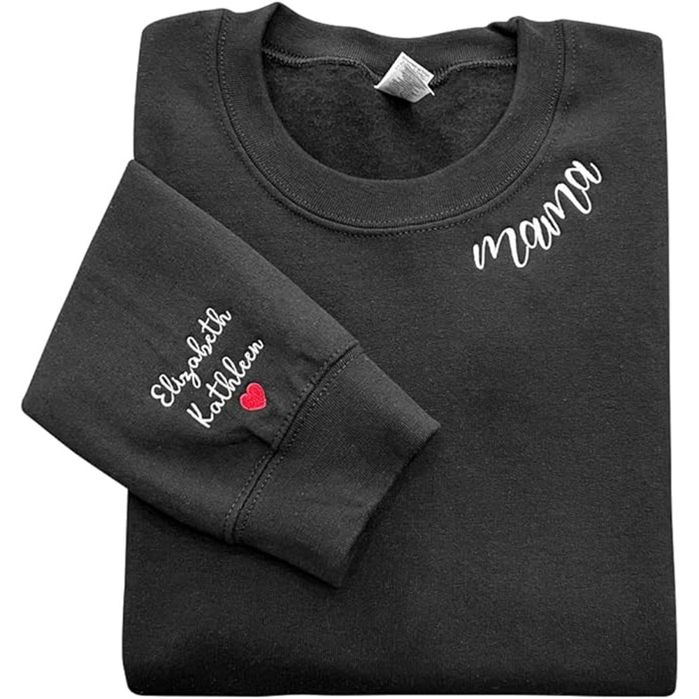 Personalized Embroidery Mama Crewneck Sweatshirt, Custom Mama Shirt With Kids Names, Gifts For Mom, Heart On Sleeve, Mama Sweatshirt Women Embroidery.jpg