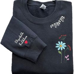personalized mama embroidered wild flower sweatshirt, custom mama shirt with kids names