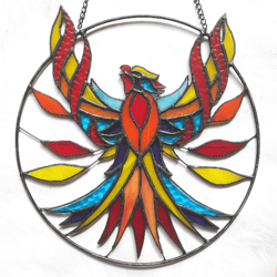 stained glass phoenix suncatcher, fire bird stained glass panel, window hanging rainbow ornament decor, unique gift