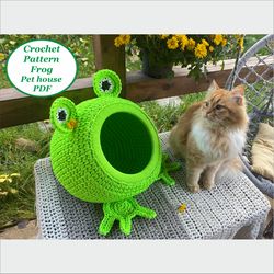 Crochet cat house Frog Digital Instruction Manual in PDF Format with video Cat furniture Crochet pet cave pdf pattern