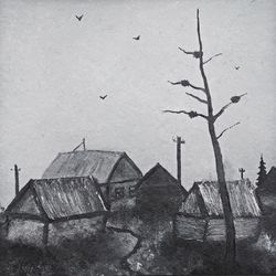 black white rural landscape oil painting
