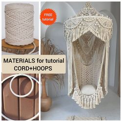 Materials for free tutorial BOHO MACRAME hanging CHAIR, metal hoops, cotton cord 5mm, macrame tutorial, boho style
