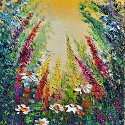 Sunny floral landscape Oil painting Floral small wall art Painting for a gift