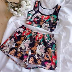 Pajamas with princess print for order, printed tank top and shorts for women