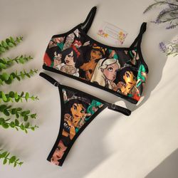 Cartoon lingerie set with Princess print | bra, bralette and panties| underwear with print