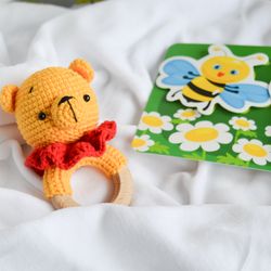 Winnie the Pooh crochet rattle, baby bear handmade toy for newborn gift or mew mom gift