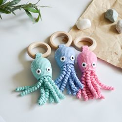 Octopus crochet rattle, sea creatures cotton baby rattle, premature baby, new mom gift