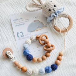 beige crochet bunny gift set, crochet rabbit baby rattle for newborn boy