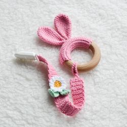 pink crochet pacifier clip with baby teether newborn gift