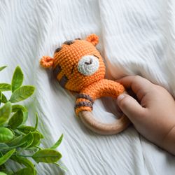 cute orange tiger crochet rattle for newborn, baby shower gift or baby box gift