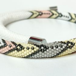 Bead crochet necklace - White, yellow, grey and pink handmade necklace