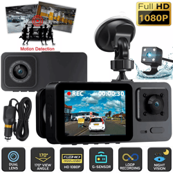 1080p hd dual lens car dash cam, front, rear & inside video recorder with g-sensor