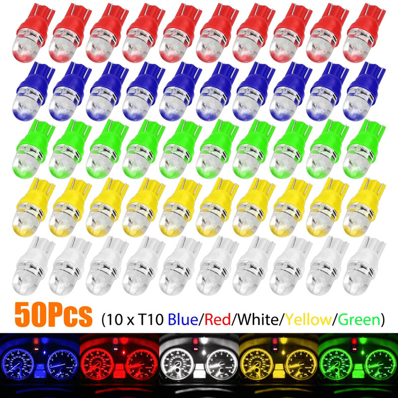 50PCS T10 LED Speedometer Instrument Gauge Cluster Dash Light Bulbs MultiColor 0