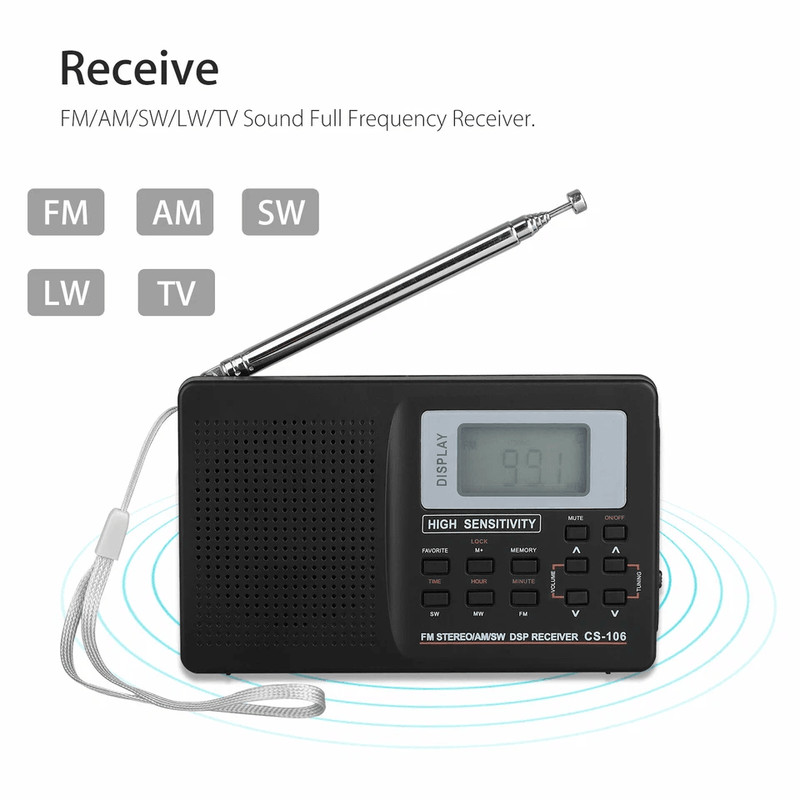 Portable FMAMSWLWTV Radio Receiver W LCD Screen Alarm USB Rechargeable Stereo Sound 1