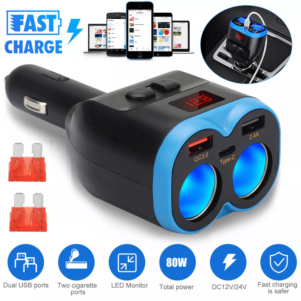 Car Cigarette Lighter Socket Dual USB Charger Adapter With Fast Charging TypeC Port Voltage Display 0