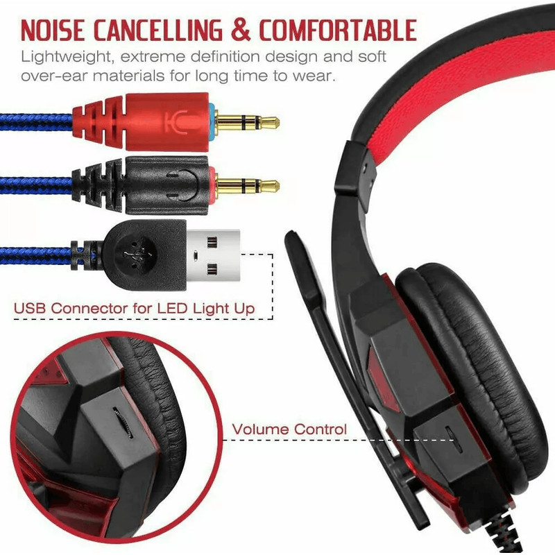 Gaming Headset With Mic LED Lights Stereo Bass Surround For PC PS4 Xbox One 4