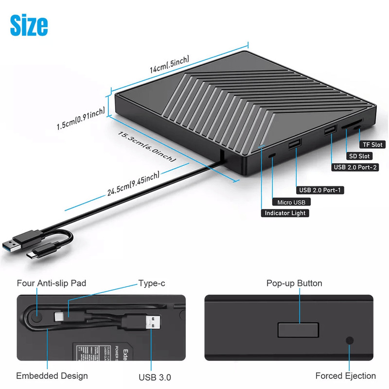 USB External CD DVD Drive Burner Writer For Windows 1011 PC 3