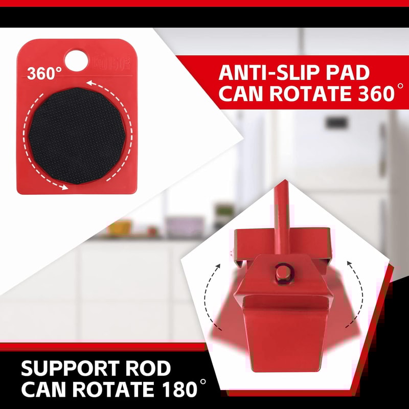 Heavy Duty Furniture Lifter with 4 Movable Wheels - High-Quality ABS Plastic & Steel, Red, Eliminates Back Pain