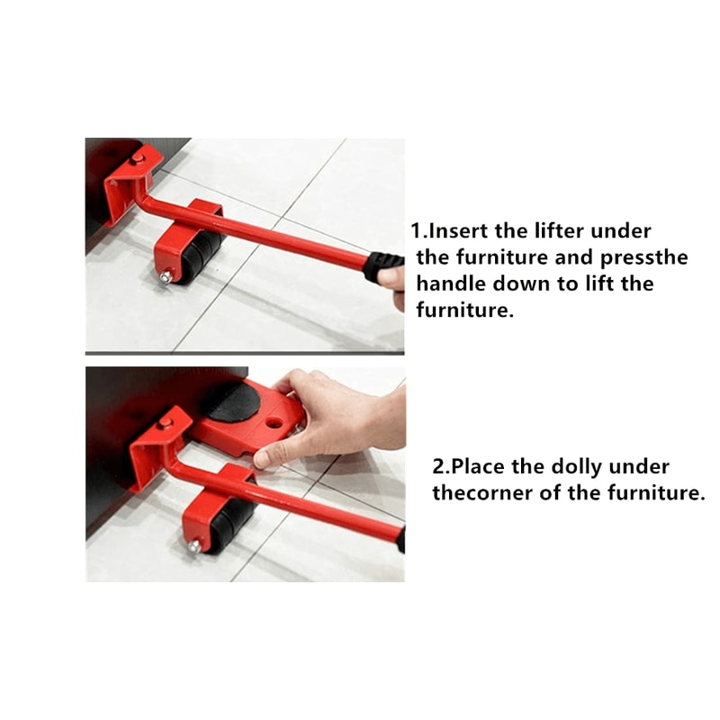 Heavy Duty Furniture Lifter with 4 Movable Wheels - High-Quality ABS Plastic & Steel, Red, Eliminates Back Pain