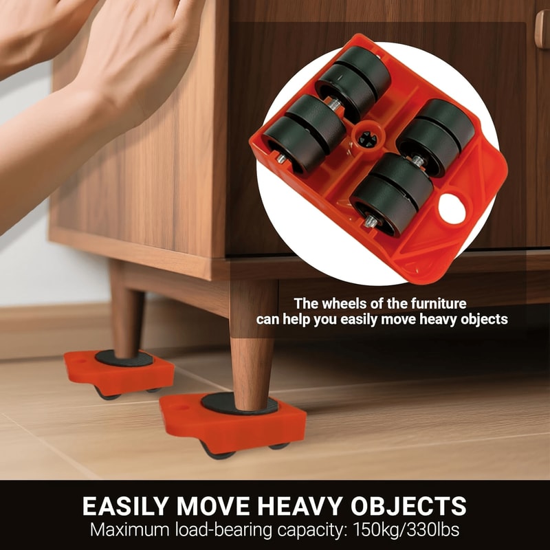 Heavy Duty Furniture Lifter with 4 Movable Wheels - High-Quality ABS Plastic & Steel, Red, Eliminates Back Pain
