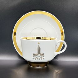 Vintage Porcelain Tea pair cup and saucer USSR Olympic Games in Moscow 1980 Dulevo