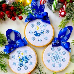 set of 3 blue snowflake christmas ornaments cross stitch patterns pdf by crossstitchingforfun instant download
