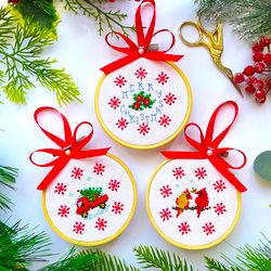 set of 3 red snowflake christmas ornaments cross stitch patterns pdf by crossstitchingforfun instant download