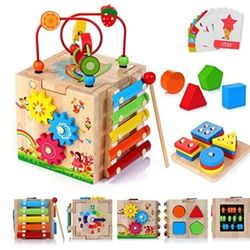 Wooden Activity Cube Baby Toys, 8-in-1 Montessori Educational Toy Set, Bead Maze