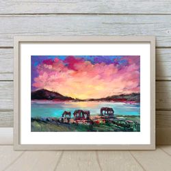Original Landscape Painting Pastel Artwork Small Montana Sunset Horses Animals