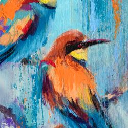 Framed Birds Original Painting Small Art Artwork Oil Paintings gift Gold Frame