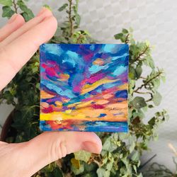 Framed Original Painting Oil Seascape Art Small 3X3  Blue tiny gift Frame Oil Shelf Home Decor