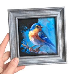SMALL BIRD PAINTING FRAMED OIL BLUE JAY MINIATURE FRAME ART