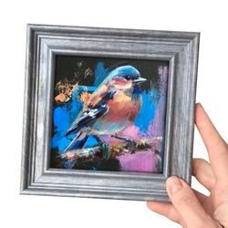 Framed Small Painting Bird Frame Oil Birds Artwork Original Blue decor
