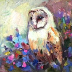 Owl Original Oil Painting Artwork Miniature Painting with birds