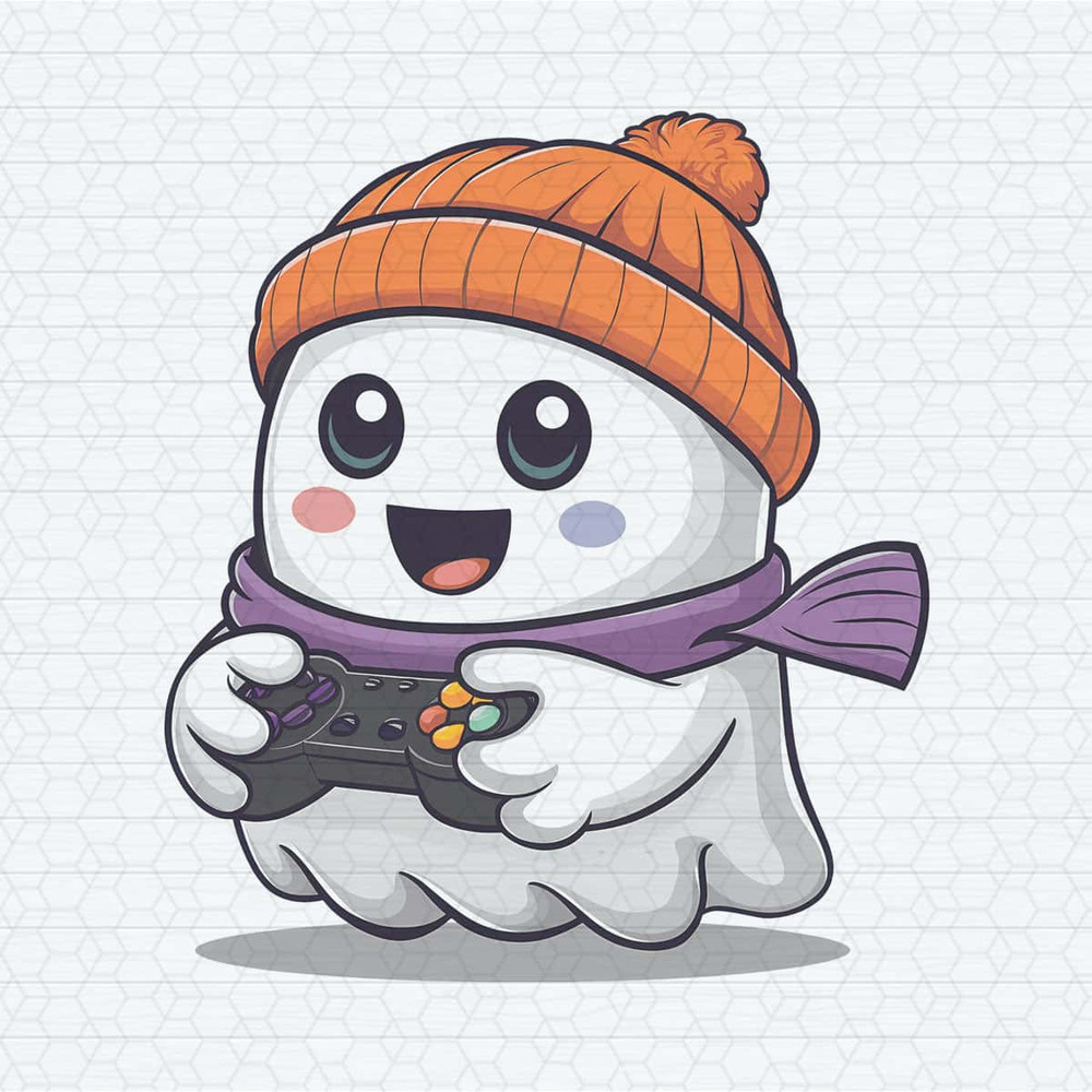 Cute Ghost Playing Game Halloween PNG.jpg