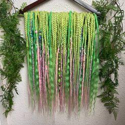 Bohemian set of synthetic textured DE dreadlocks and DE braids with curls green pink colors, dreadlock extensions