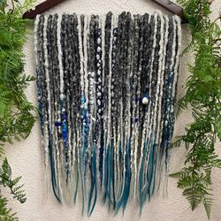 Bohemian set of synthetic textured DE dreadlocks and DE curls gray blue colors, dreadlock extensions