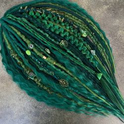 Green forest bohemian set of textured DE dreadlocks and DE braids with curls, hippie dreadlock extensions 21-22 inches