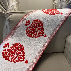White and Red Quilted Table Runner, Tablecloth with Hearts, Valentines Day Centerpiece, Sideboard, dresser Home Decor,