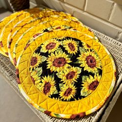 Set of 6 round placemats, PLACEMATS with sunflowers, FALL quilted placemats, fabric placemats set, housewarming gift