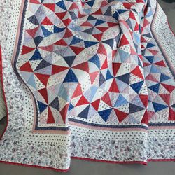 Farmhouse Quilt, King Size Patchwork Blanket, White Blue Red Country Quilt , French Style Bedding, Housewarming gift