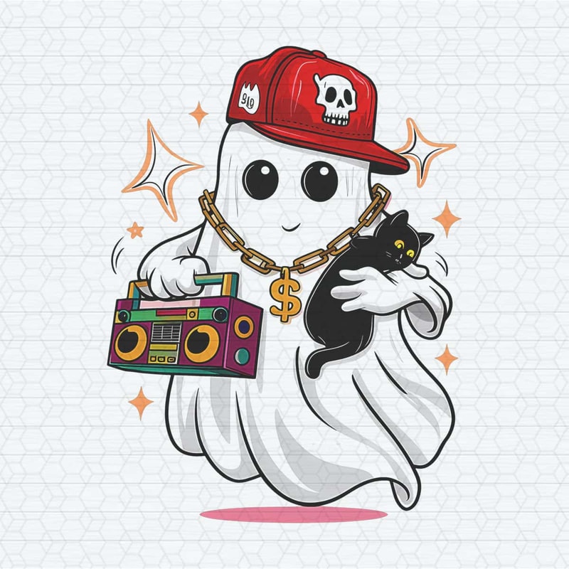 Cute Ghost with Cat Hip Hop Halloween PNG.jpg