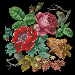 230311 mushrooms with rose and poppy pdf vintage cross stitch pattern