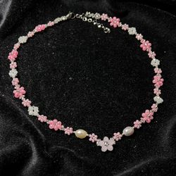 Silver and pink flower necklace Rose necklace Pearl accessories Dainty jewelry for her Gift for her Floral bead choker