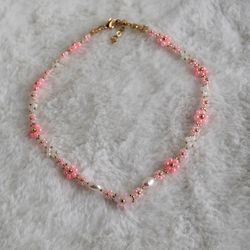 Golden and pink flower necklace Rose necklace Pearl accessories Dainty jewelry for her Gift for her Floral bead choker