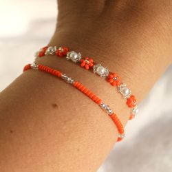 Orange flower bracelet Pearl accessories Bright handmade jewelry Floral jewels Cute beaded bracelets set Gift for her