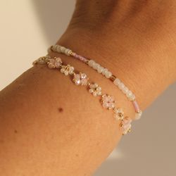 Pink crystal bracelet Floral bracelets set Dainty rose bracelet Daisy handmade bracelet Gift for her Jewerly