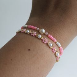 Little pink flower cute bracelet Rose beaded bracelets set Pink jewellery Aesthetic Jewelry Dainty bracelet for her