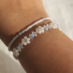Floral blue and silver bracelet Flower bead bracelets set Dainty bracelet for her Handmade flower jewelry