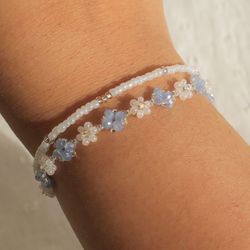 Crystal blue and silver bracelet Flower beaded bracelet Cute daisy bracelets set Floral handmade jewelry Gift for her